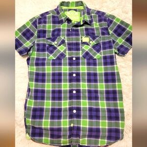 Superdry Purple & Lime Green Plaid Button-Down Short Sleeve‎ Size Small